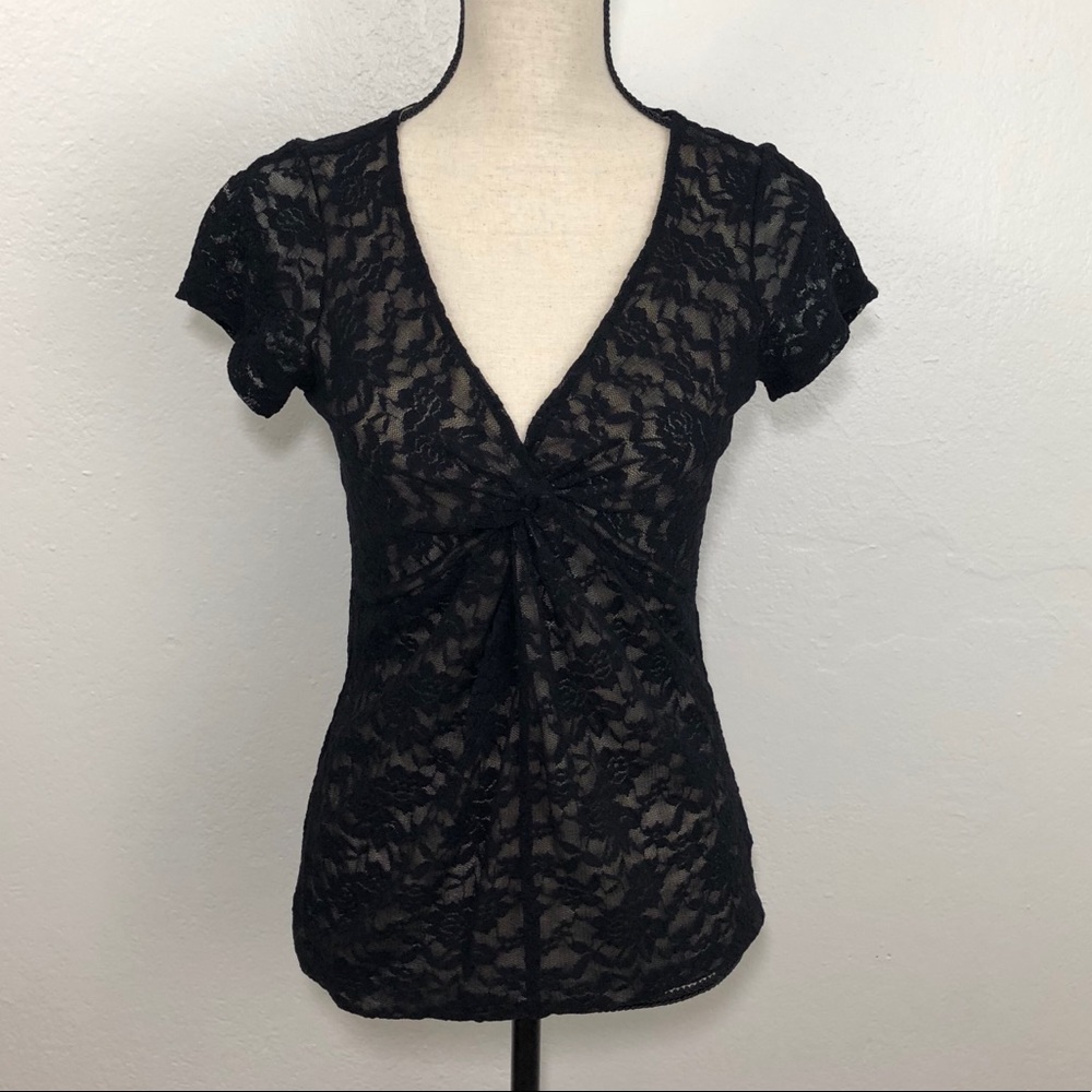 CAbi Black Lace Knotted V Neck Blouse